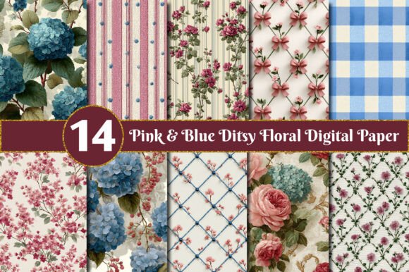Pink Blue Ditsy Floral Digital Paper for Crafts